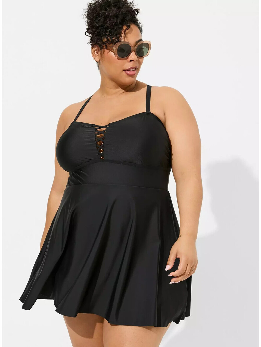 Torrid Size 4 (26) 4X Wireless Long Lattice Front Swim Dress with Brief NWT